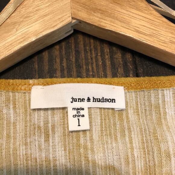 June and Hudson Wrap Dress Women’s Size Large Midi Mustard Yellow Tie Dye - Picture 5 of 10